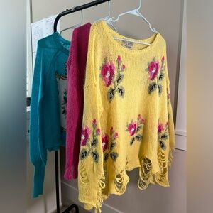 Wildfox Yellow Floral Distressed Sweater